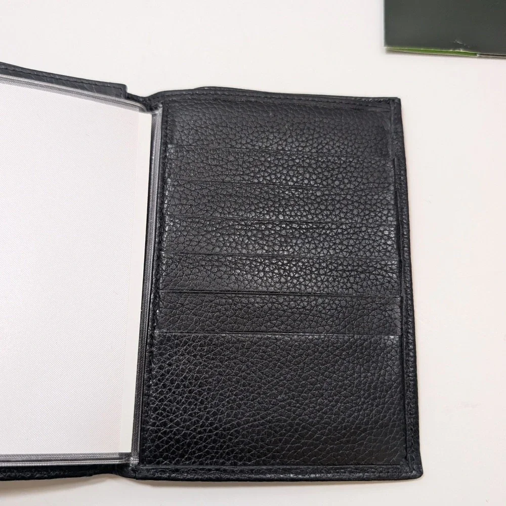 Longchamp Large Mens Black Pebbled Leather Trifold Wallet & Passport w Box‎